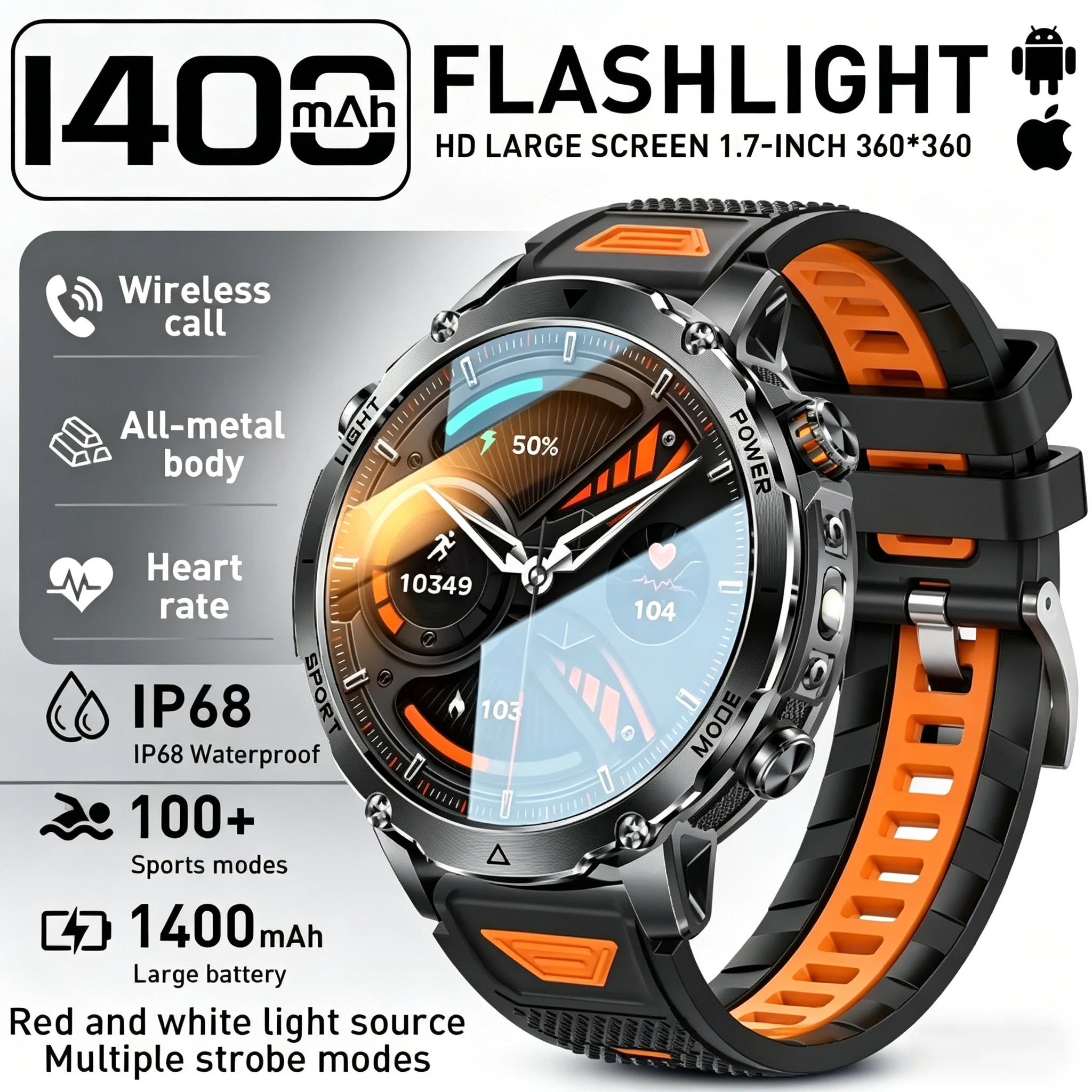 2026 1400mAh Battery New Outdoor Sports SmartWatch IP68 Waterproof Flashlight Bluetooth Call Health Monitor Military Smartwatchs