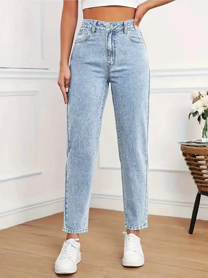 

Женские винтажные светло-голубые прямые джинсы для похудения, универсальные повседневные эластичные джинсовые капри со средней талией