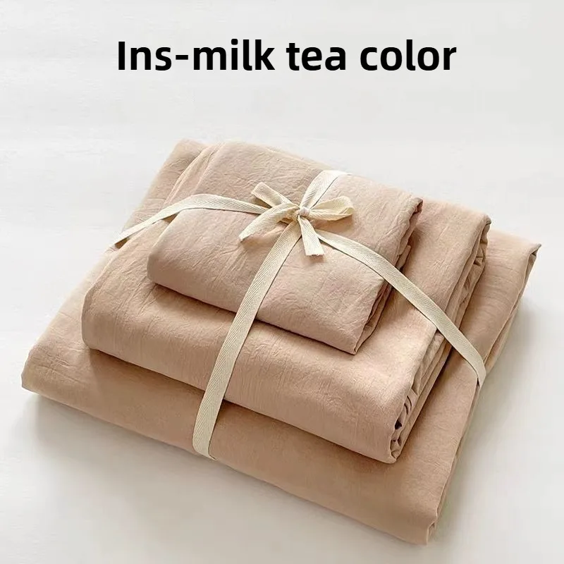A-class washed cotton bed four piece set solid color linen with bed sheet, down duvet cover, pillowcase, bedding set - Image 3