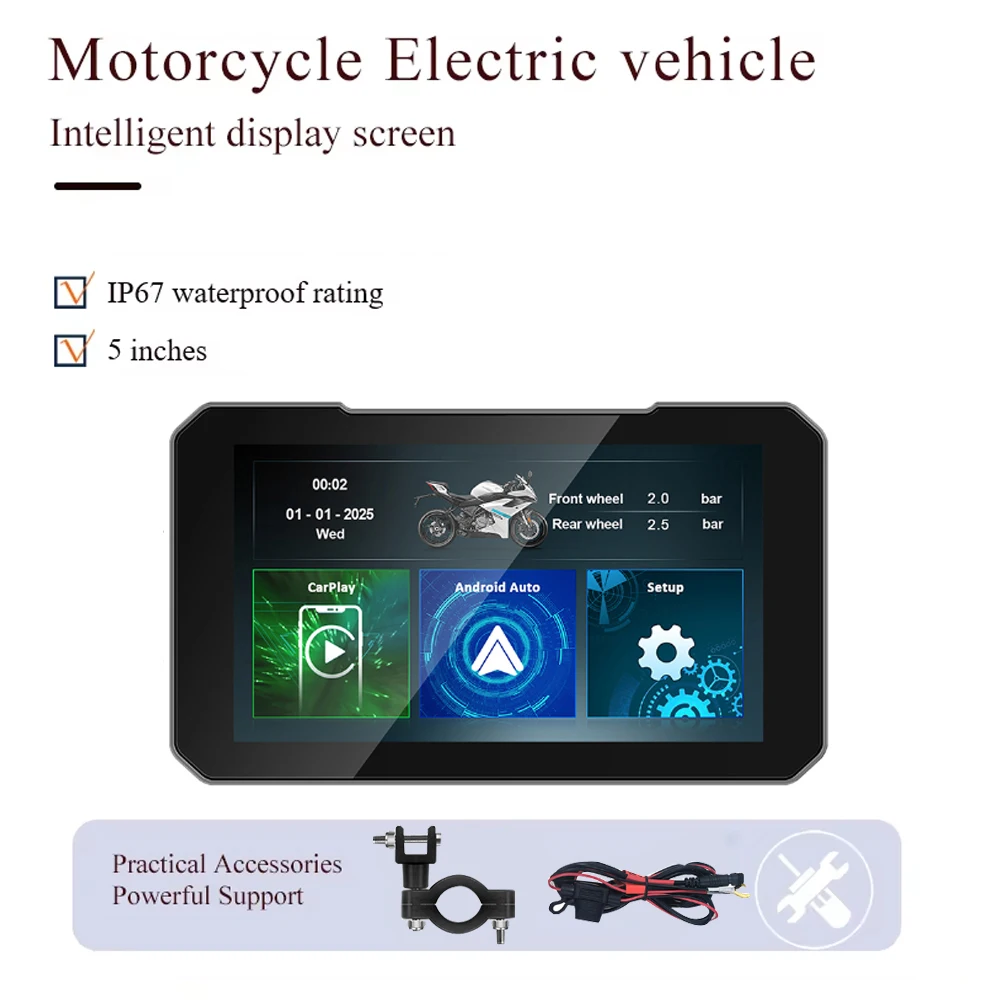 Écran de moto 5 pouces, DVR moto, navigation GPS, CarPlay sans fil, Android Auto, étanche IP67, moto
