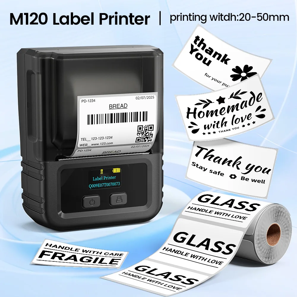 Phomemo M120 Mini Label Printer Thermal Wireless Bluetooth Label Makers 20-50mm Multiple Size Labels DIY for office or home