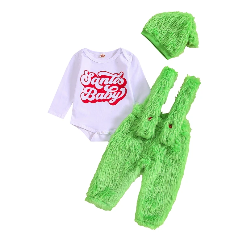 Infant Baby Girls Boys Christmas Clothes Set Letter Long Sleeve Romper+Fuzzy Suspenders Pants+Hat Green Monster Costume Outfit