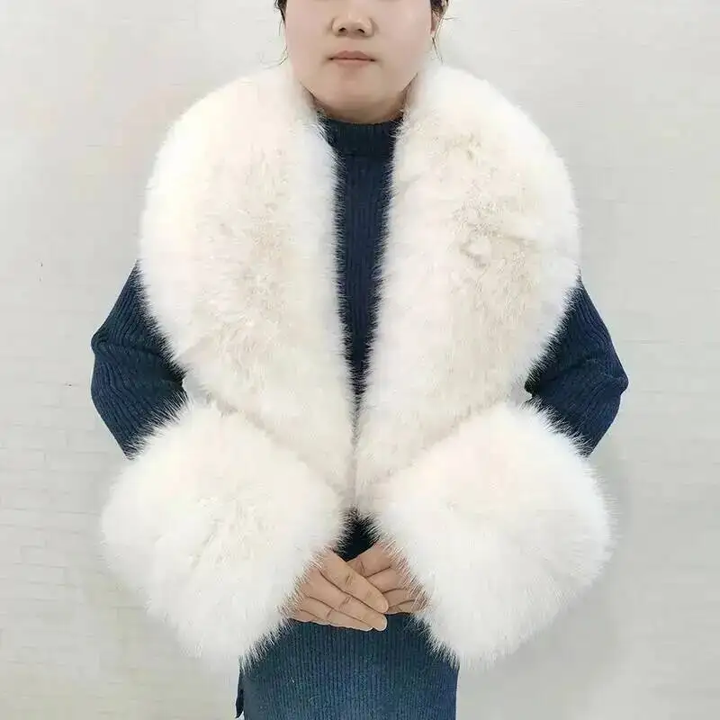 Large Women Faux Fox Fur Scarf Winter Jackets Warm Fluffy Shawl Fashion Artificial Fur Collar And Cuff Set Fluffy Scarves Female view 5