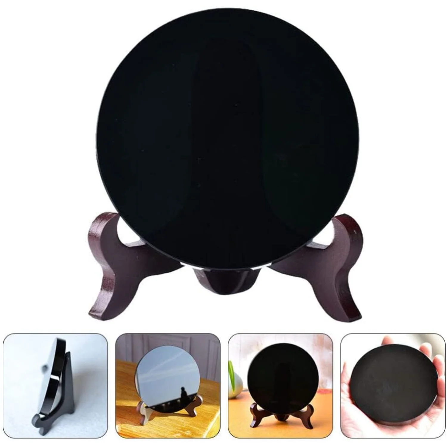 1 Set Natural Black Obsidian Stone Circle Disc Round Plate Feng Shui Mirror with Stand Black Obsidian Scrying Mirror for Meditat