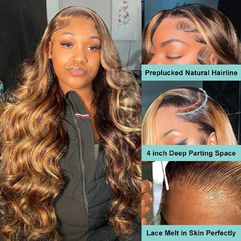 P4/27 13x6 Highlight Brown Colored Lace Front Human Hair Wigs For Women Body Wave Glueless Honey Blonde Lace Frontal Wig