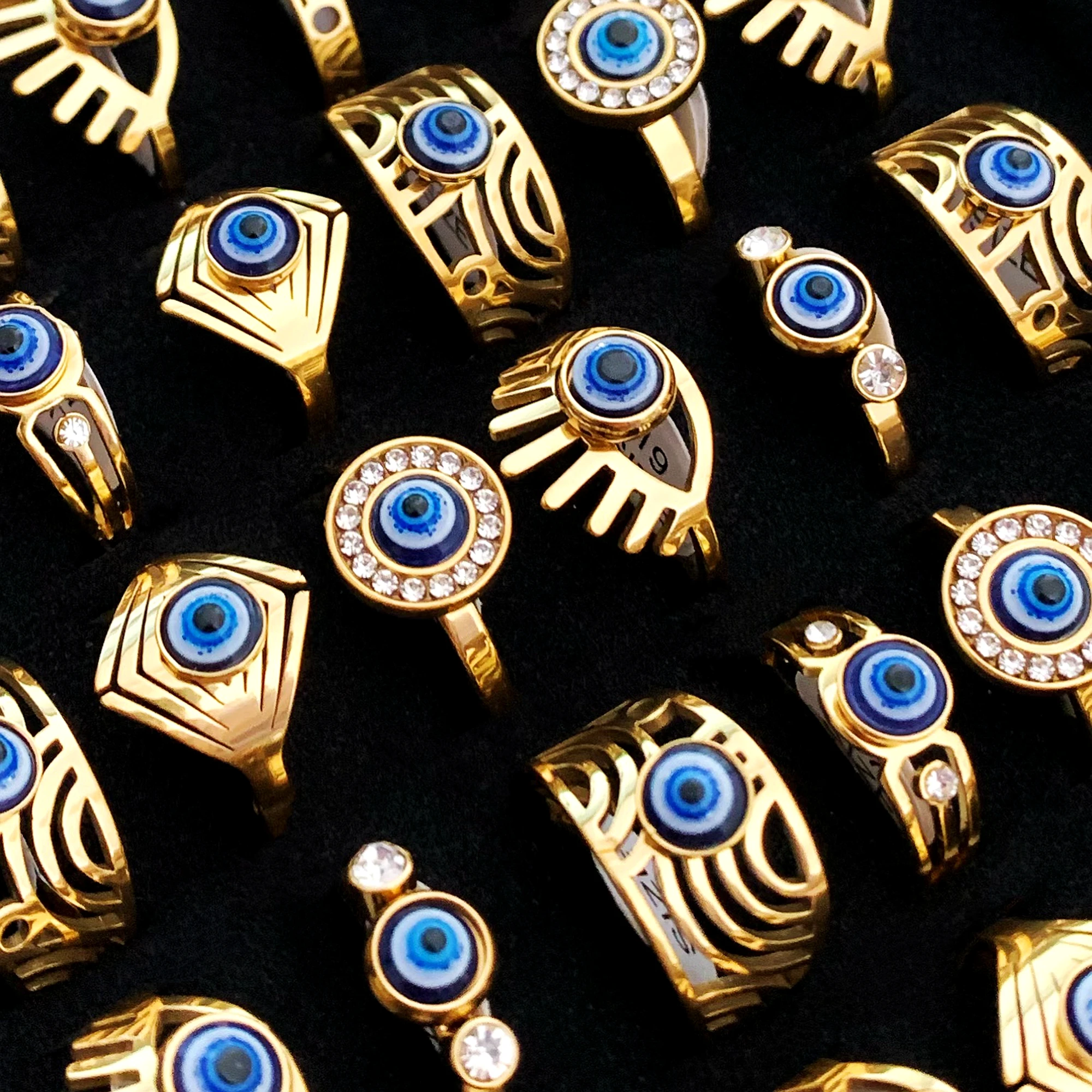 36pcs Lot Wholesale New Mixed Style Blue Evil Eye Vintage Finger Rings Metal Plated For Women Wedding Party Fashion Jewelry Gift