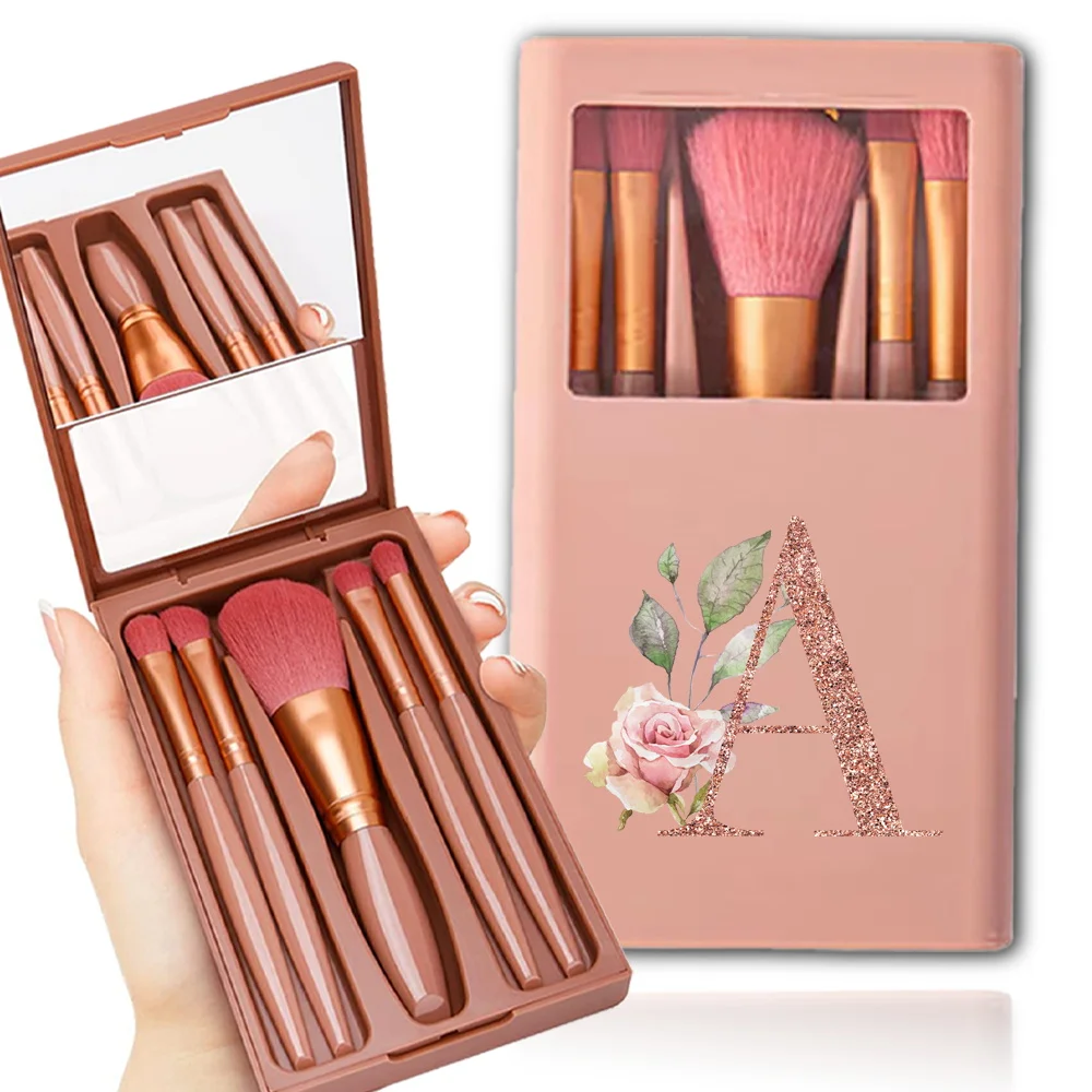 5 Stuks Make-Up Borstels Set Met Make-Up Spiegel Container Case Full Series Cosmetische Borstelhouder Rose Goud Letter Patroon Voor Reis