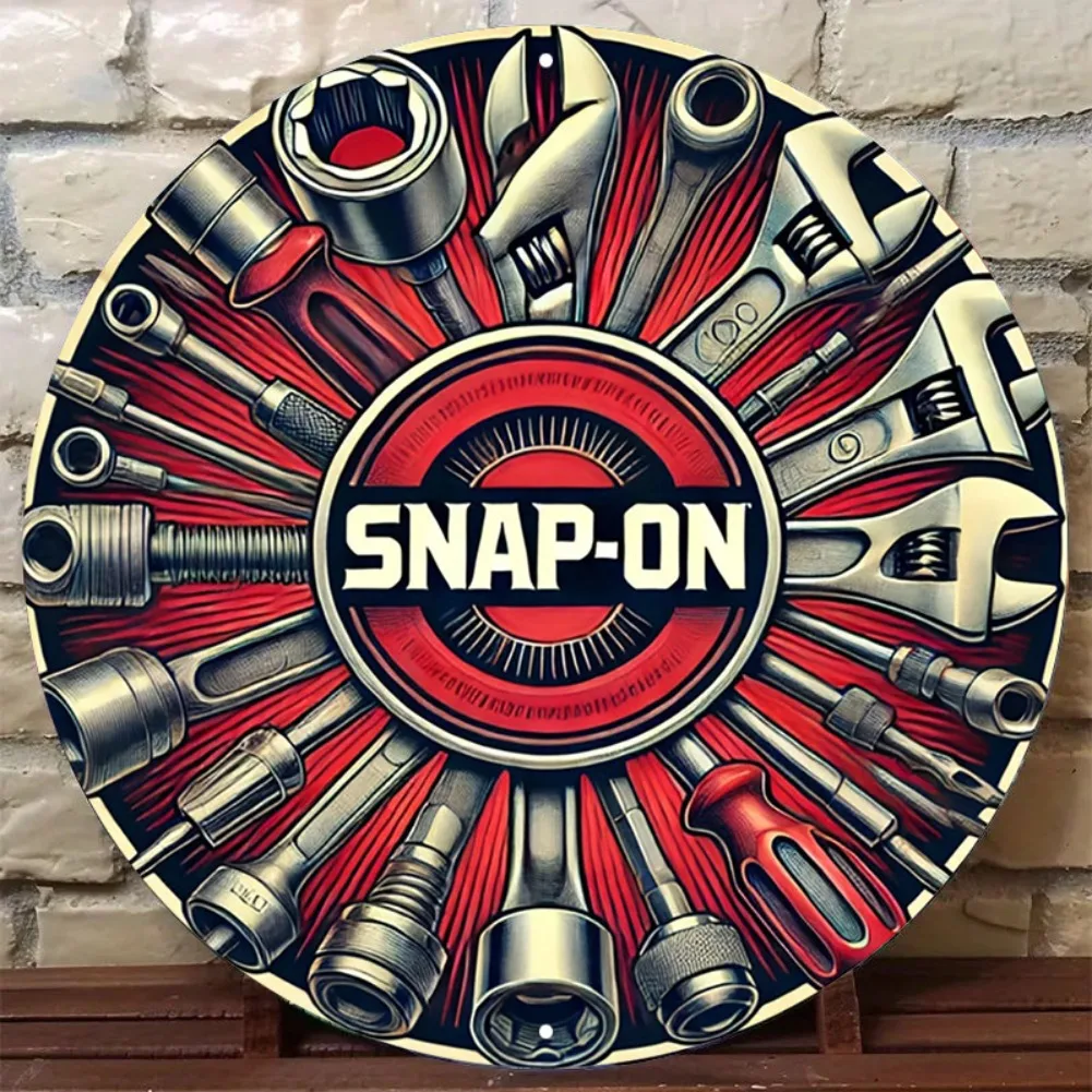 1 Stück 7,8 x 7,8 Zoll 2D Flat Vintage Snap-on Tools Metallschild – rundes Aluminium-Poster, industrielle kräftige Bildgebung für Bar-Mechaniker-Shop