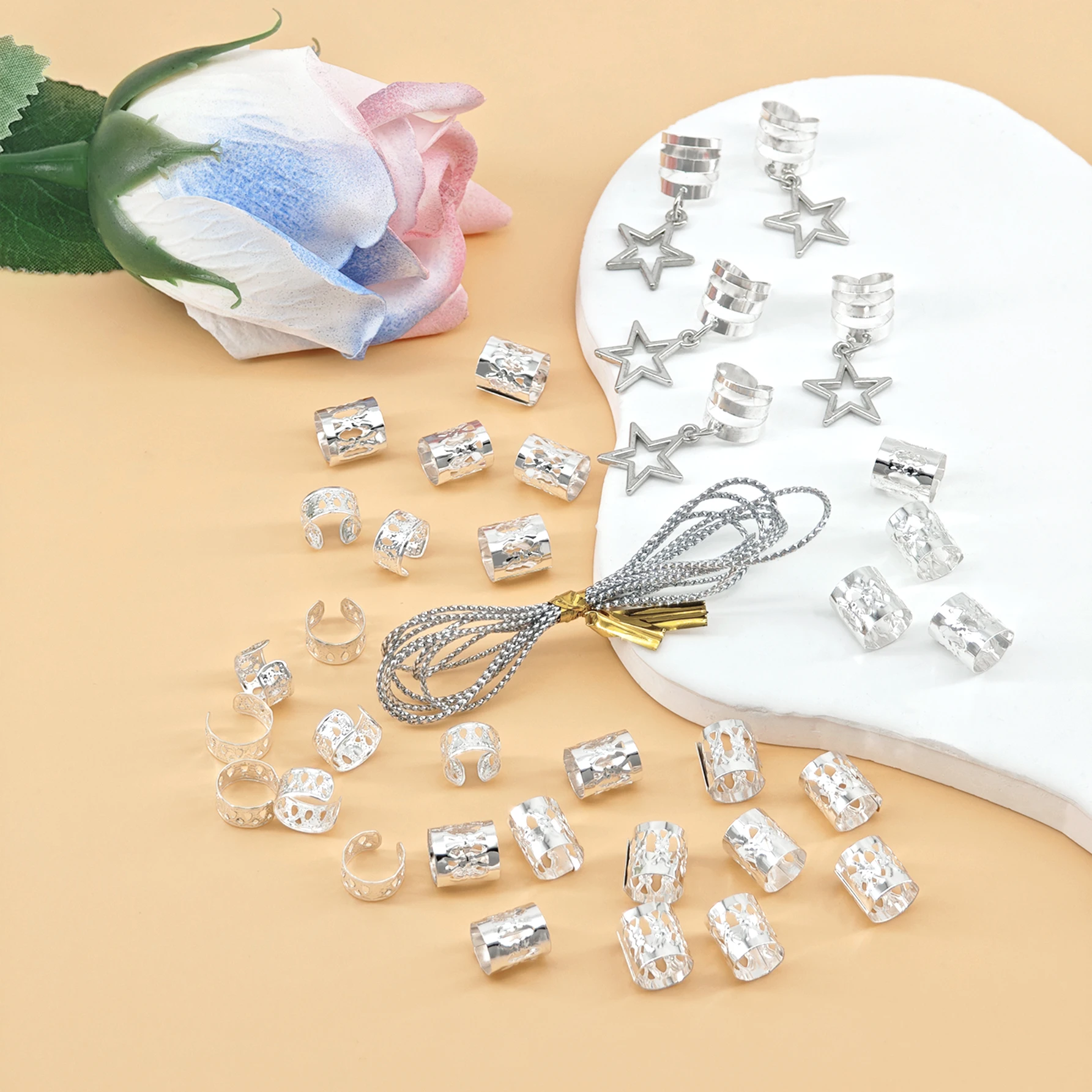 Set di 36 anelli per capelli intrecciati dorati o in argento, anello per capelli intrecciato a forma di stella, accessorio per capelli intrecciati festival personalizzato