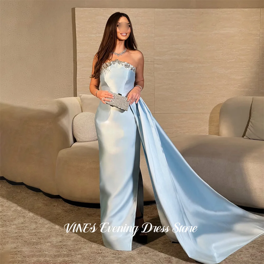 

VINES Sky Blue Prom Dress Strapless Mermaid Celebrity Dresses with Crystal Trim Evening Dresses Satin Formal Gown Customized