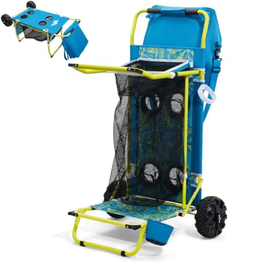 

Пляжная тележка 2-в-1 с большими колесами для песка, складная, синяя, с держателем для стульев, сумкой-холодильником, сетчатым отсеком для хранения и 4 подстаканниками
