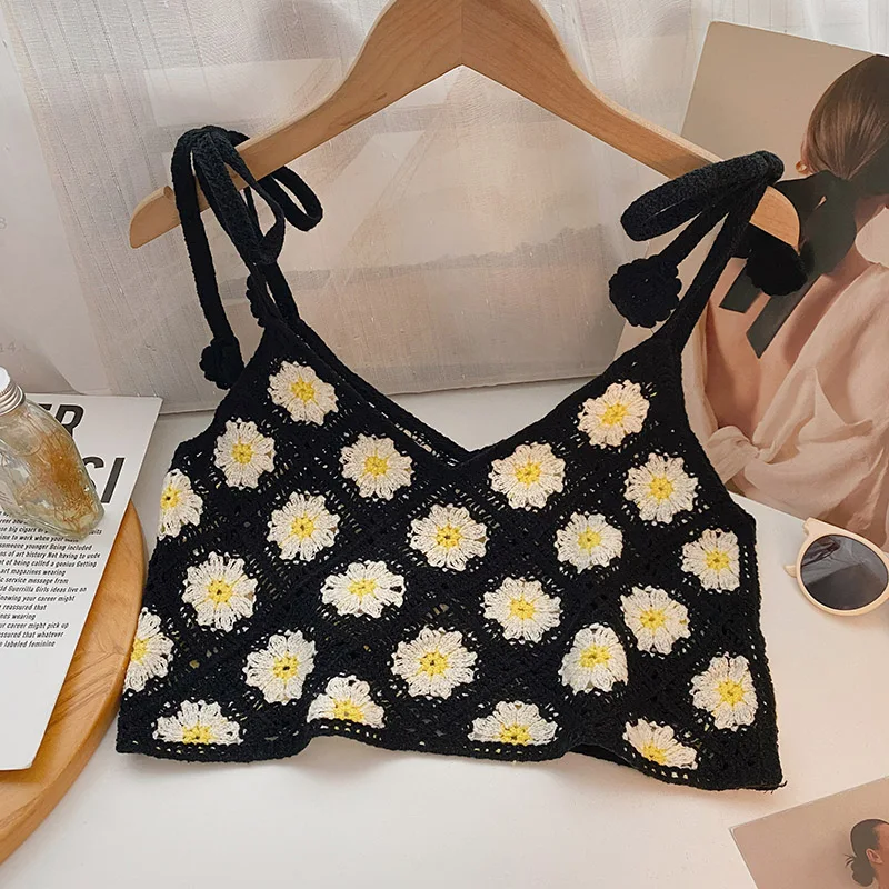Tie Shoulder Crochet Cami Floral Embroidery Open Knit Strappy Vest Crop Tops Women Boho Summer Beach Vacation Outfit