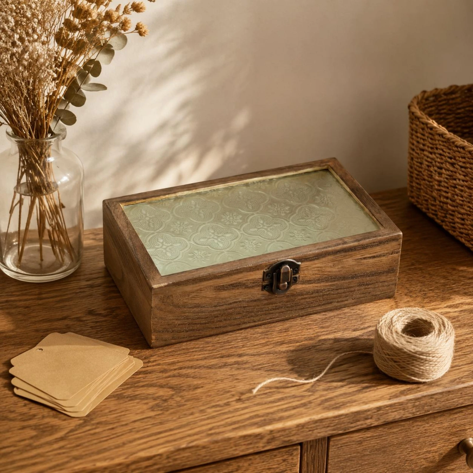 Desktop Storage Box Metal Latch Wood Storage Box Rustic Dust-Protected for Desk, Office
