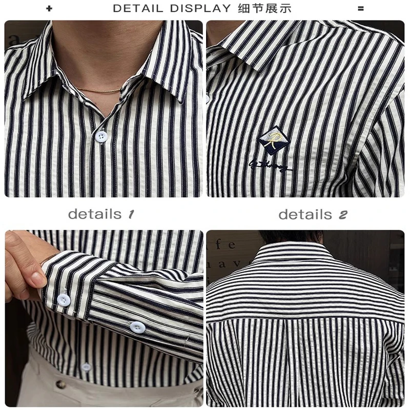 Novas camisas seersucker de algodão de manga comprida para homens marca bordado listrado impresso fino ajuste camisa masculina jaqueta streetwear