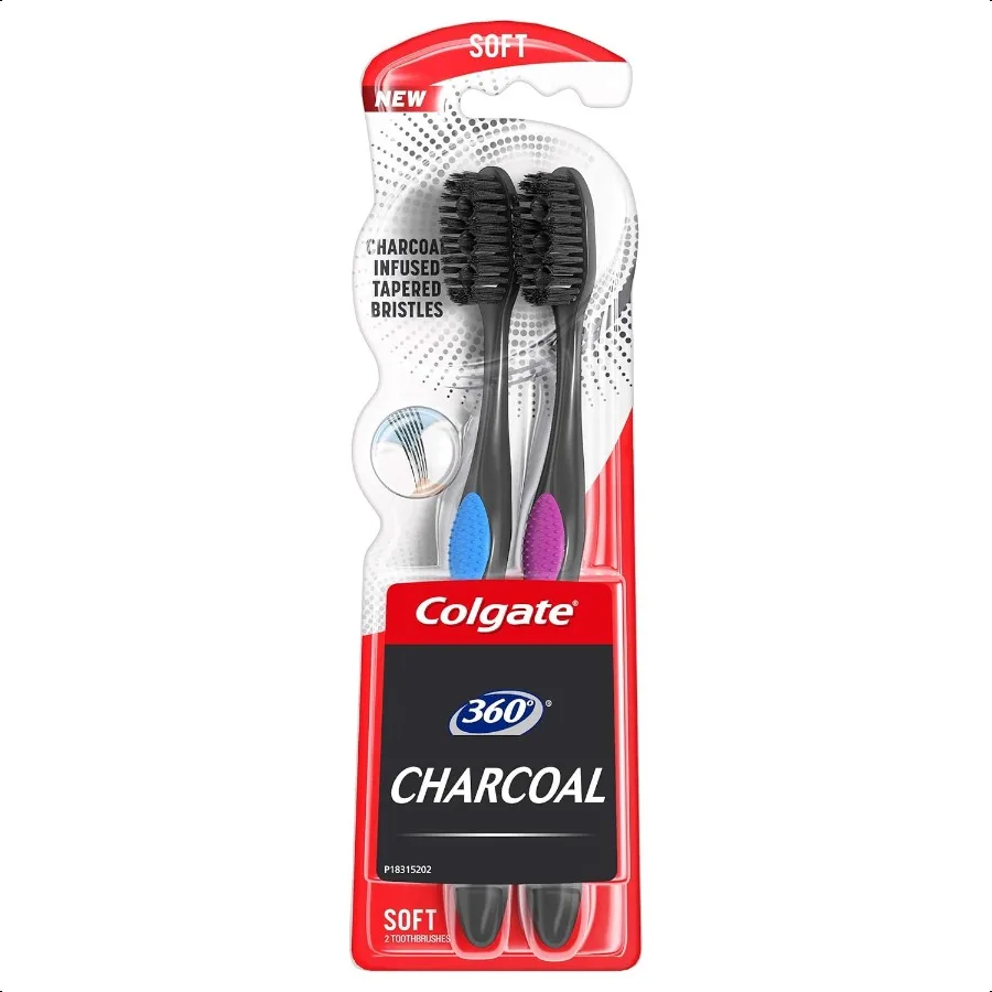 Colgate 360 Cepillo de dientes de carbón Punta más delgada Cerdas suaves 2 unidades 0.070000000000000007 Fl Oz