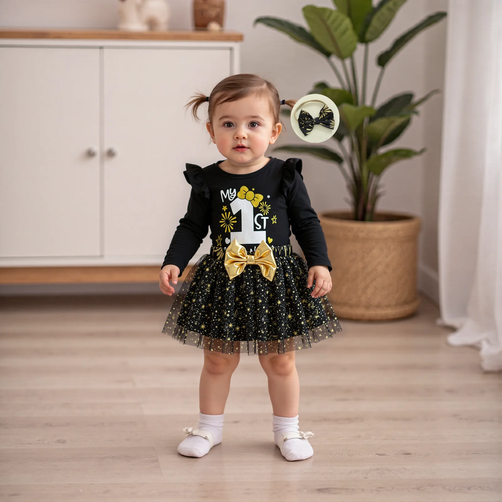 طفلة السنة الجديدة الزي طويلة الأكمام رومبير الألعاب النارية طباعة تول تنورة عقال مجموعة ملابس الوليد