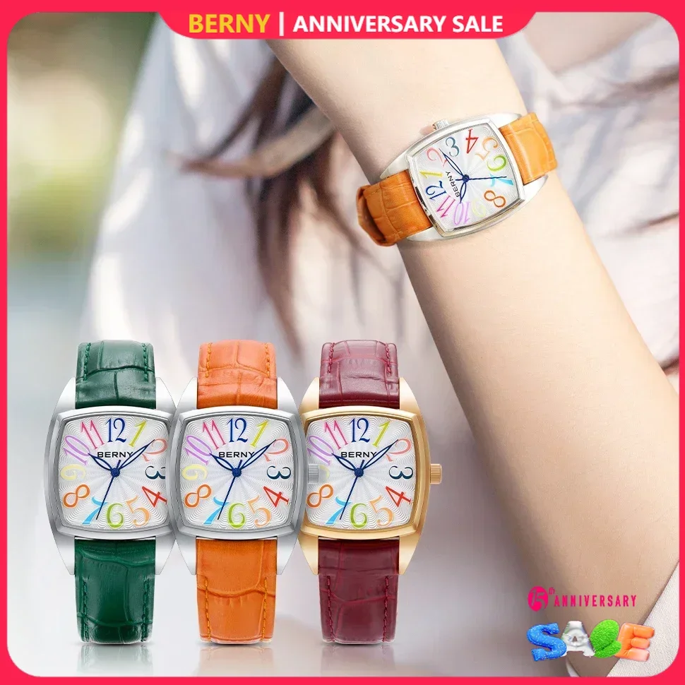 BERNY Relógios femininos elegantes casuais S/S pulseira de couro quadrado quartzo relógio feminino senhoras numerais coloridos relógio de pulso de fácil leitura