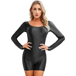 Mulheres manga longa bodysuit lustroso, macacão curto elástico, Yoga Dance Swimwear, treino de musculação, Clubwear apertado, pijamas