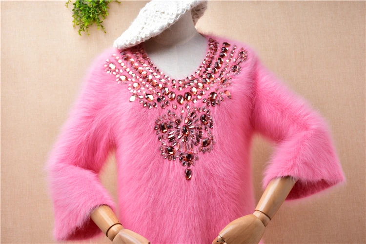 lady women fashion sweet pink beaded mink cashmere knitted three quarter sleeves v-neck slim blouse pullover angora fur sweater