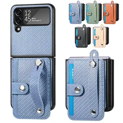 Cards Holder Wallet Wristband Case For Samsung Galaxy Z Flip 7 7FE 6 5 4 Flip6 5G Kickstand Carbon Fiber Shockproof Bag Cover