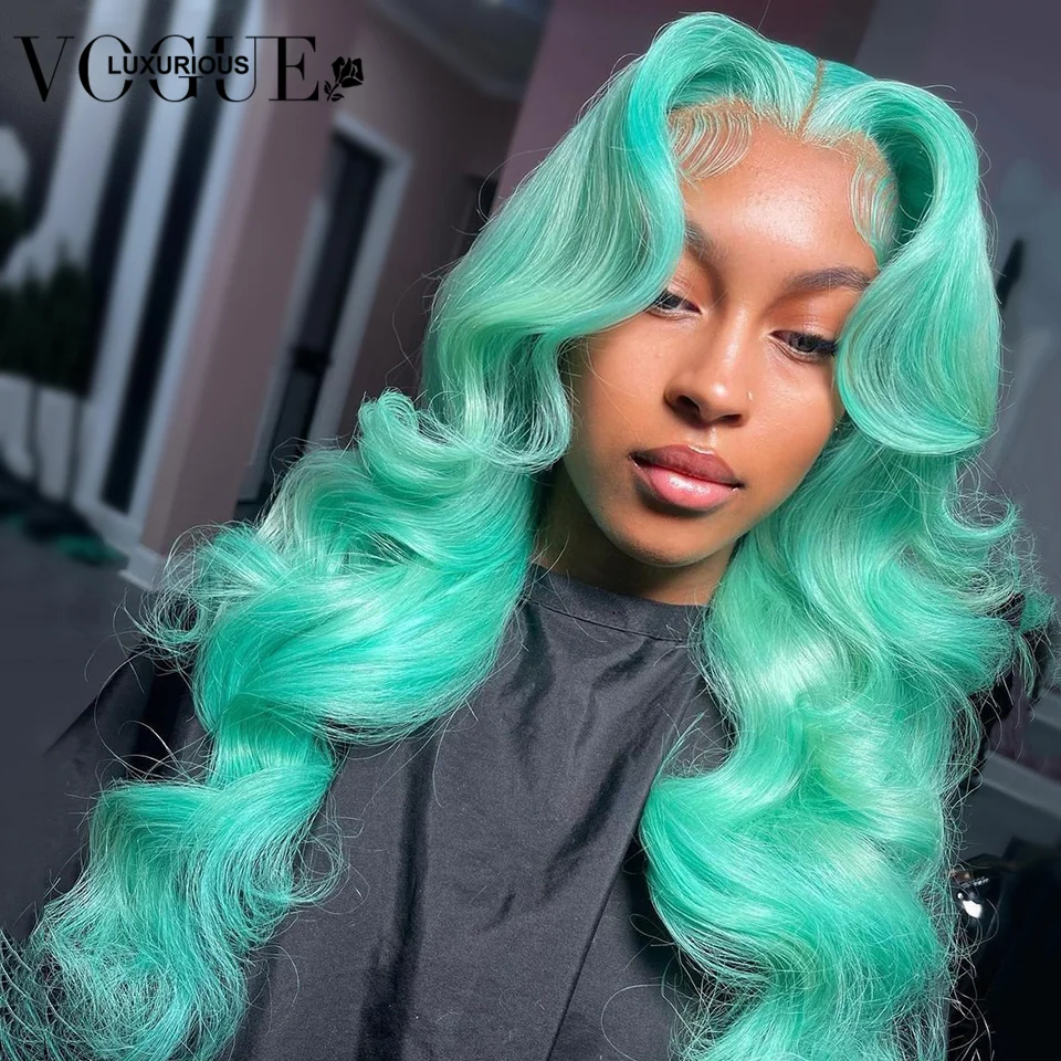 Mint Green Colored Human Hair Wigs Body Wave 13x4 HD Lace Frontal Wig 30 Inch Straight Lace Front Wigs for Women Pre Plucked