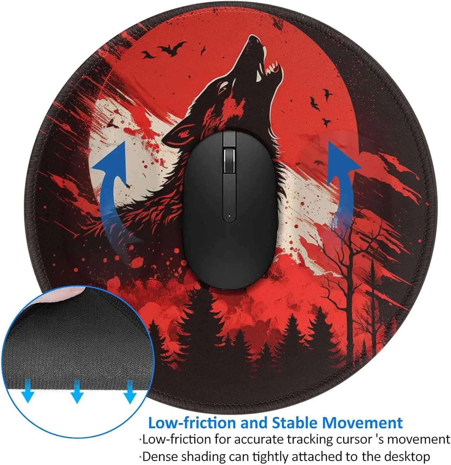 Howling Wolf Blood red Moon Cool Mouse Pad Non-Slip Rubber Round Mousepads Mat for Gaming Office Work Computer Laptop Home Gifts
