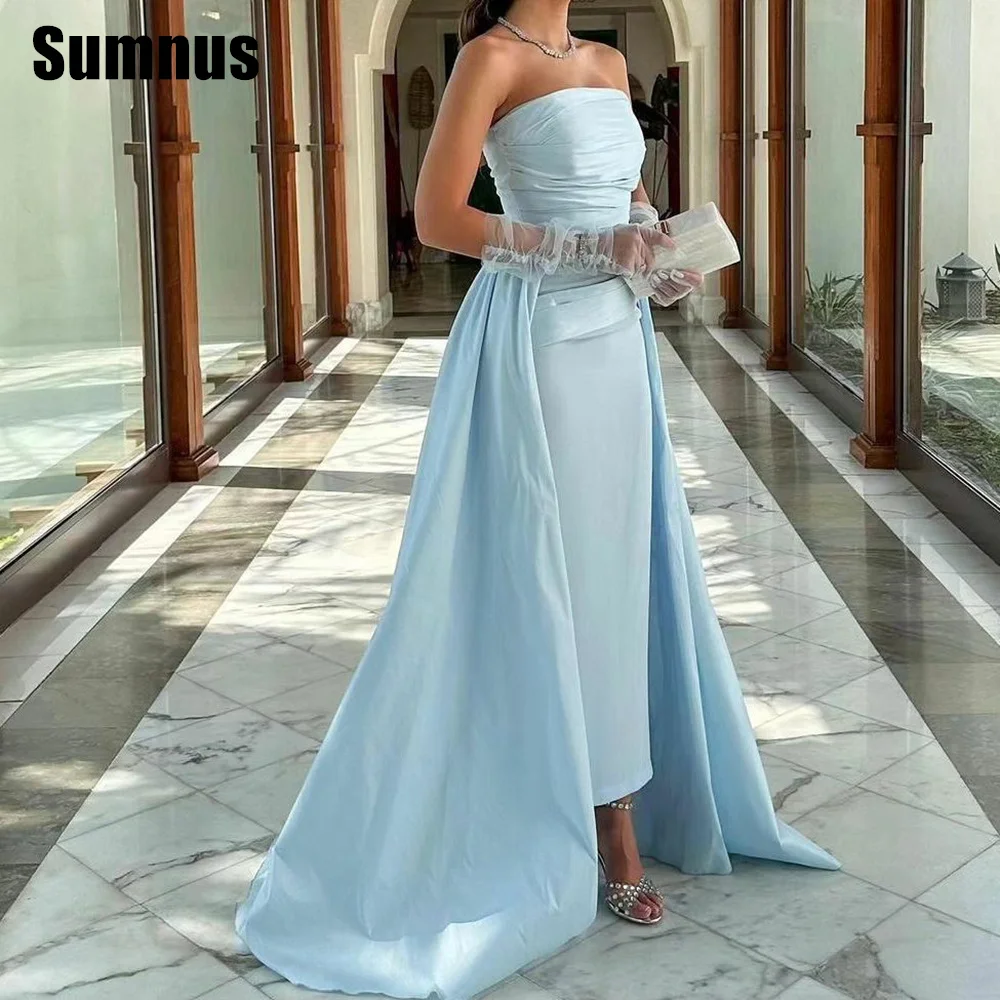 Sumnus Elegant Strapless A Line Evening Dress Sleeveless Pleated Satin Prom Dress With Train Custom Made Formal Occasion Gown