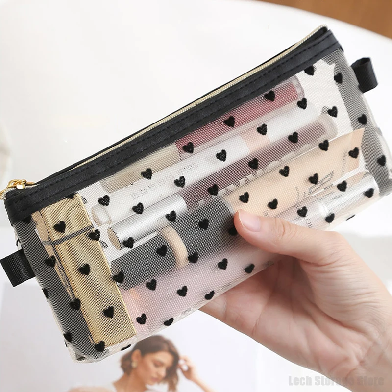 Love Heart Mesh Fashion Cosmetic Bag for Girl Washing Toiletries Organizer Makeup Bag Transparent Women Lipstick Storage Pouch