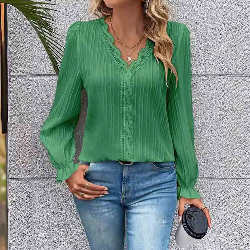 Elegant Green Office Lady Long Sleeve Shirts Fashion Black Blouse Spring Autumn V-neck Lace Tops Blouse for Women 2024 New Tees