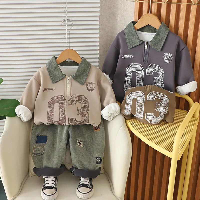 

Boys Thick Clothing Sets Autumn Winter Children Warm Velvet Polo Shirts Cenim Pants 2pcs Sports Suit For Baby Tracksuits Kids 5Y