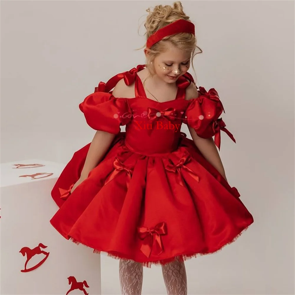 Luxury Beauty Flower Girl Dress Blue Puff Girls Party Dresses for Wedding Puff Sleeves Satin Kids Christmas Ceremonial Dress