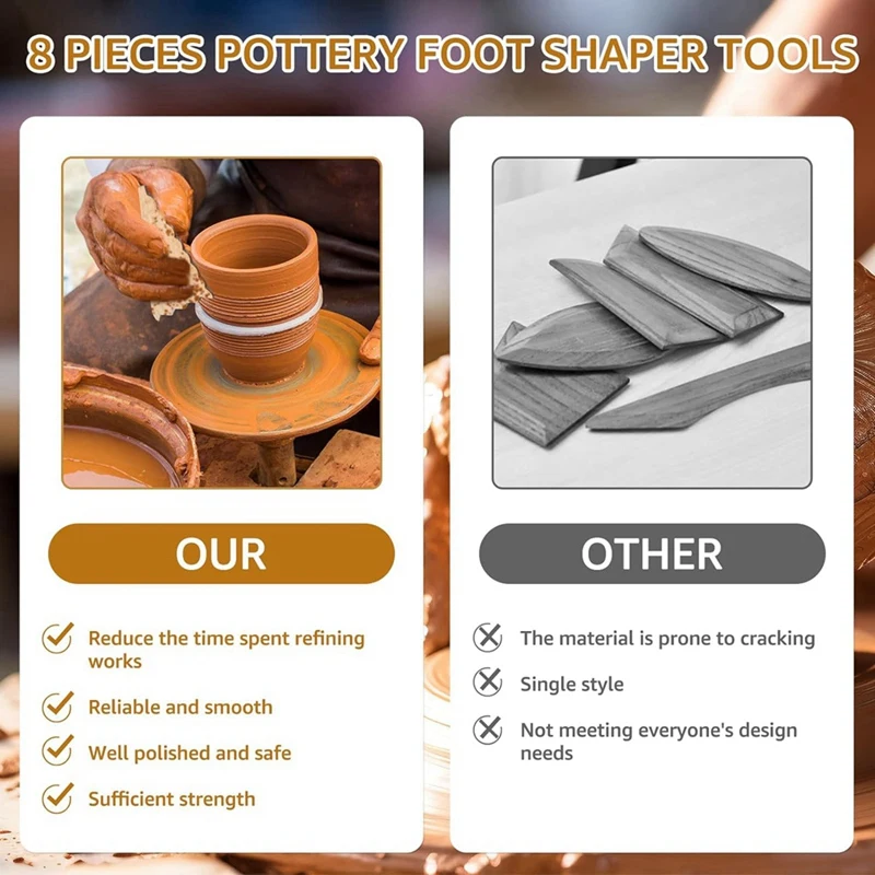 8Pcs Pottery Trimming Tools Pottery Ribs Pottery Clay Foot Shaper Tools Beech Wood Pottery Profile Ribs Pottery Supplies