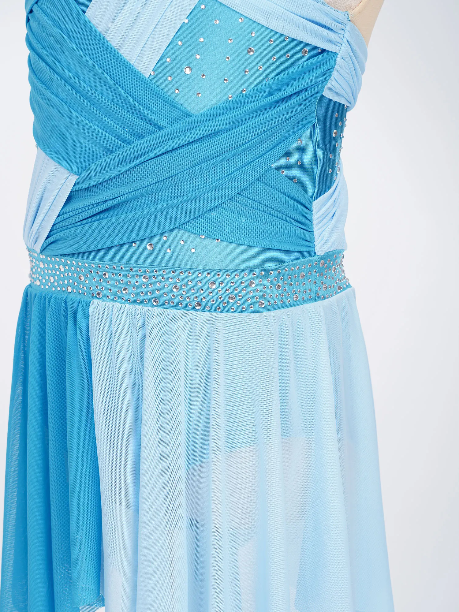 Youth Girls Ballet Lyrical Modern Dance Dress Rhinestone Sleeveless Ruched Twisted Knot Mesh Dresses Skating Gymnastics Leotard