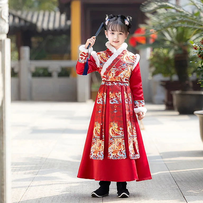 

2026 Ханфу для мальчиков и девочек, весенне-зимний детский традиционный китайский костюм Тан, праздничный Cheongsam на красной плюшевой подкладке, новогодний наряд