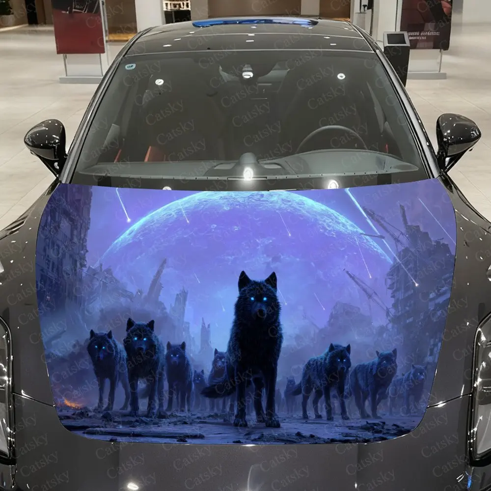 

Dark Wolf Pack Car Vinyl Wrap, PVC Waterproof Car Hood Sticker, Self-Adhesive Scratch-Resistant Stickers for Engine Cover