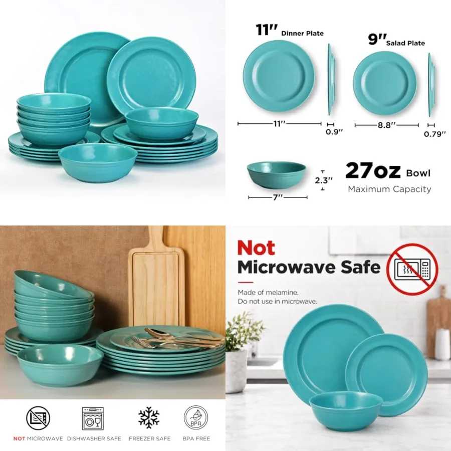 

18-Piece Dinnerware Set, Melamine Dishes Set with Bowls and Plates, Service for 6, Non-breakable Lightweight Dining Tableware