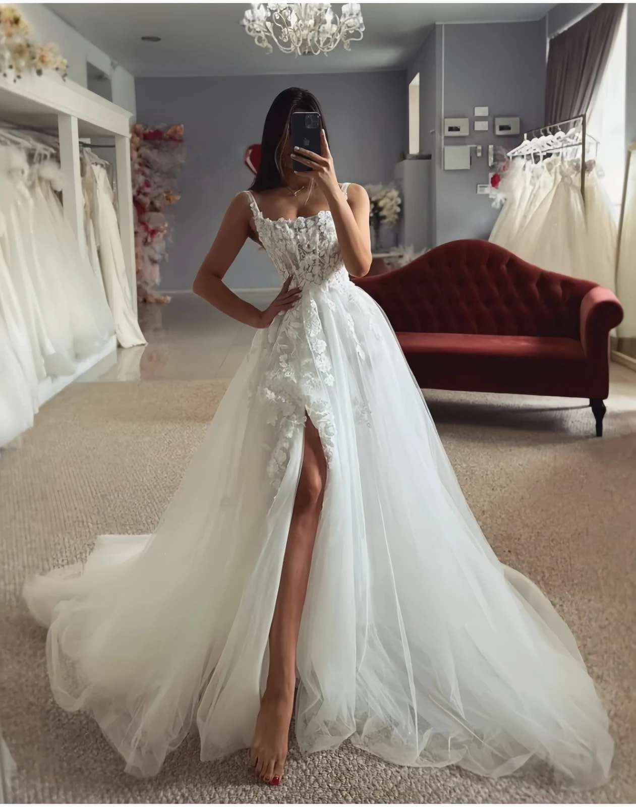 

Tulle Laces Applique Wedding Dress Spaghetti Strap Side Split Bridal Gowns Elegant A Line Long Ball Gown for Brides