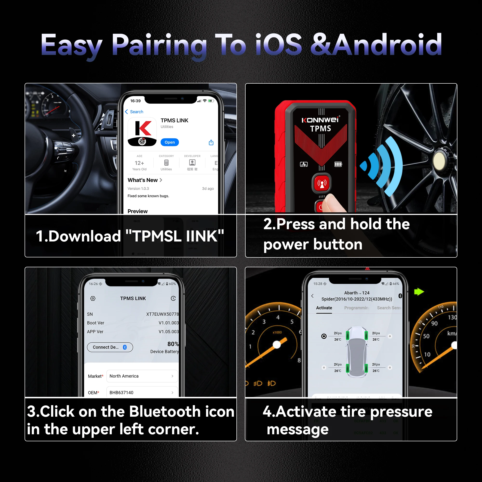 2026 KONNWEI TK100 TPMS Tire Pressure Monitor Sensor Activation Programming Car Diagnostic Tool for Universal Vehicle view 3