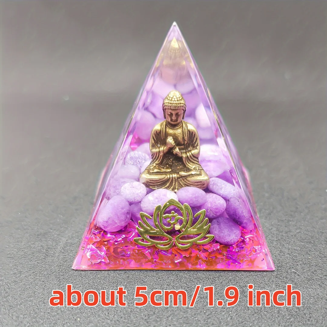 1pc Little Buddha Statue Crystal Pyramid, Purple Jade with Baby Buddha Figurine, Bohemian Natural Crystal Orgone Pyramid Golden