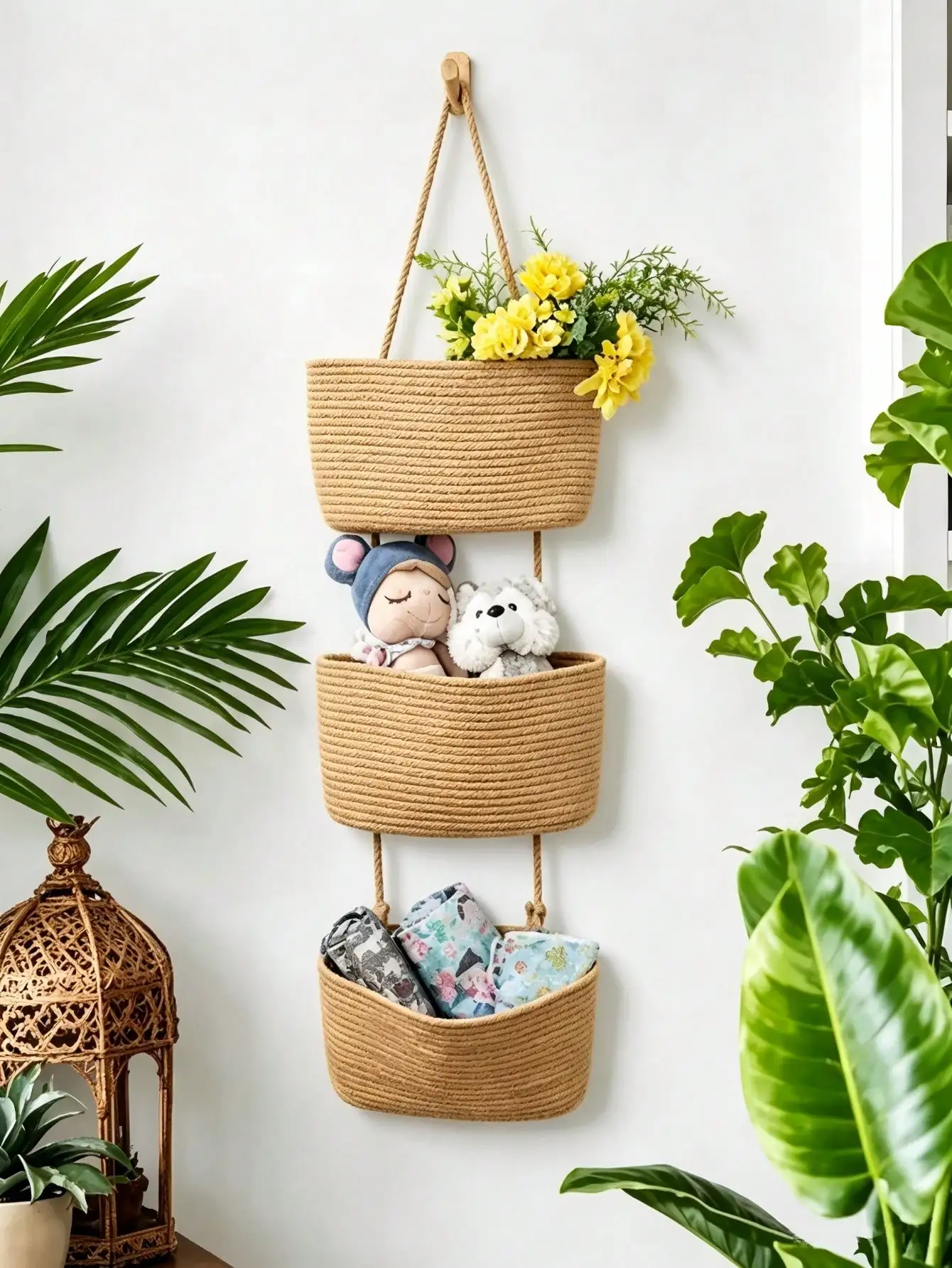 3 Tier Wall-Mounted Hanging Storage Basket,Over The Door Hanging Basket Apply For Fall Decor,Mellow Rack For Storage,Woven Cotton Wall Hanging Baskets For Living Room, Bedroom (Brown)
