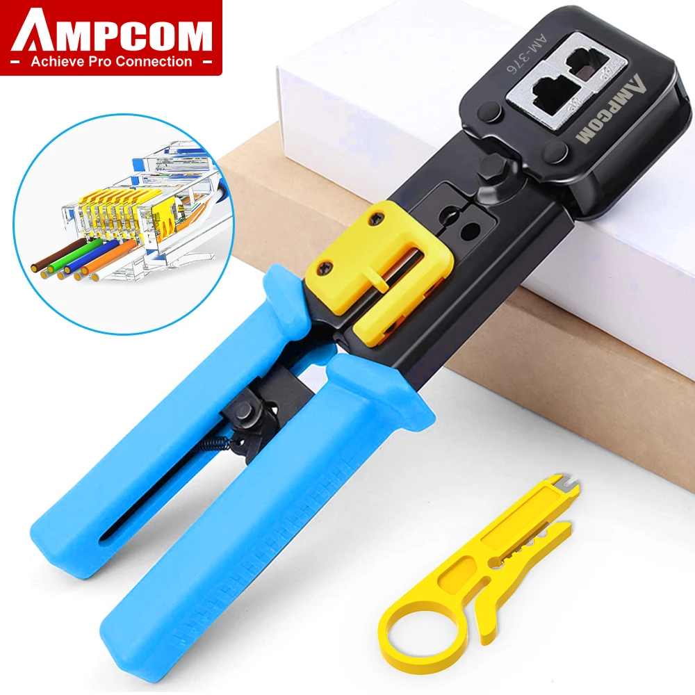 AMPCOM RJ45 Crimp Tool Pass Through Cat5 Cat5e Cat6 Crimper Cutter Stripper for RJ45 RJ12 RJ11 8P 6P End Pass Through connector