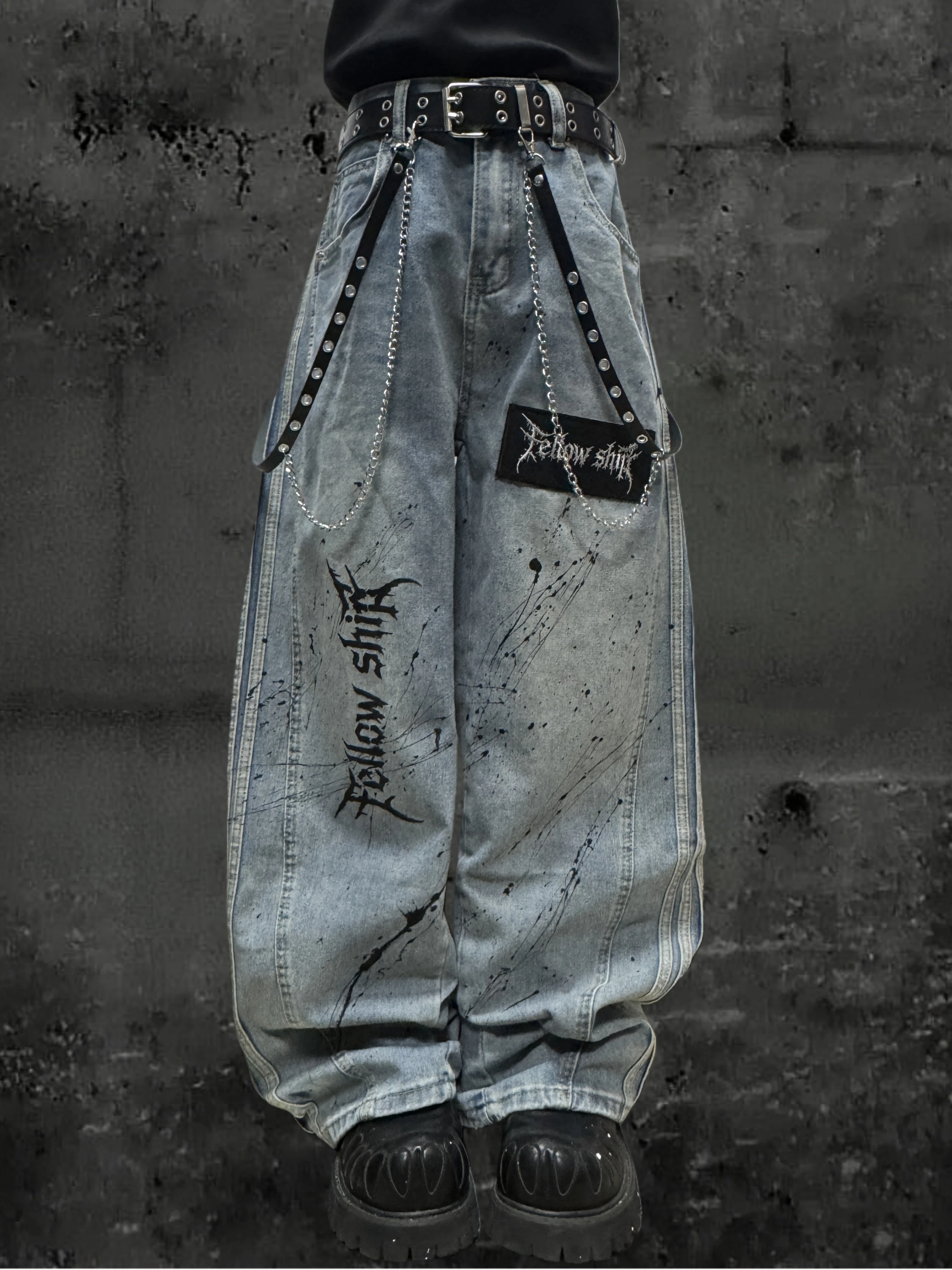 American Retro Worn Looking Washed-out Loose Jeans Men's and Women's Waste Soil Style Splash-Ink Letter Wide-Leg Trousers