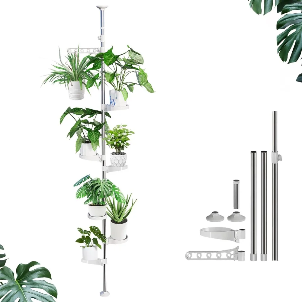 

Plant Stand Indoor/Outdoor 7 Tiered Tension Plant Pole with 6 Trays and Hanging Hook for Living Room Balcony Patio Window sill D