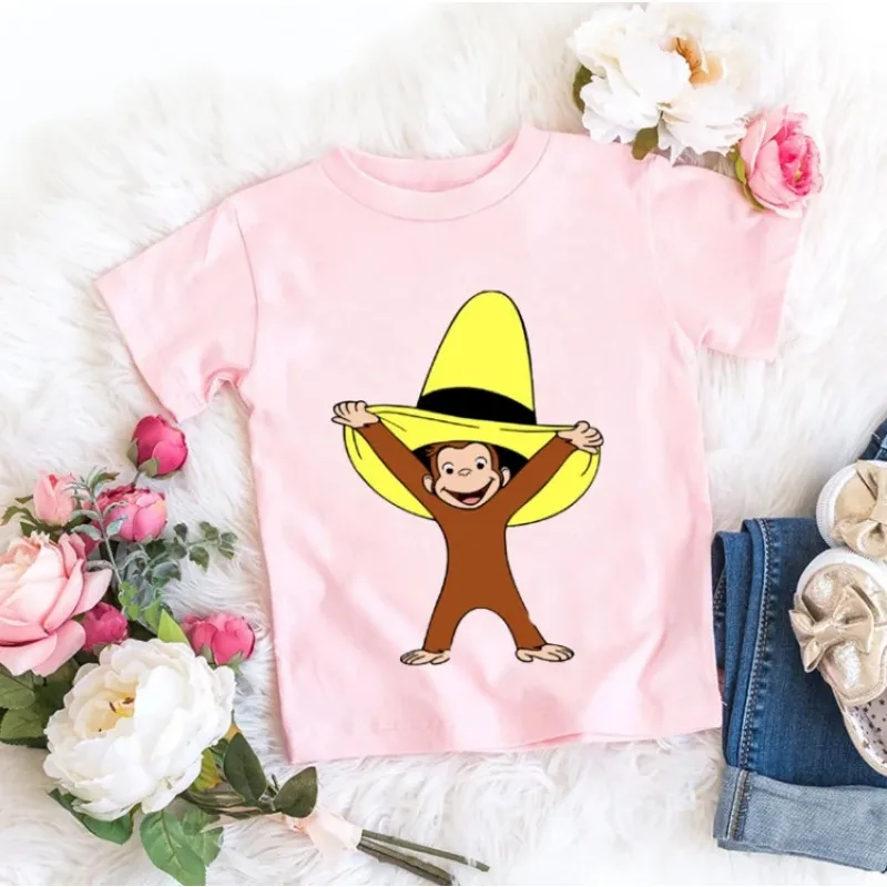 Girls New T-shirts  Curious Cartoon Monkey Print Children's Clothing Summer Tees Girls Tshirts Pink Short-sleeved Tops