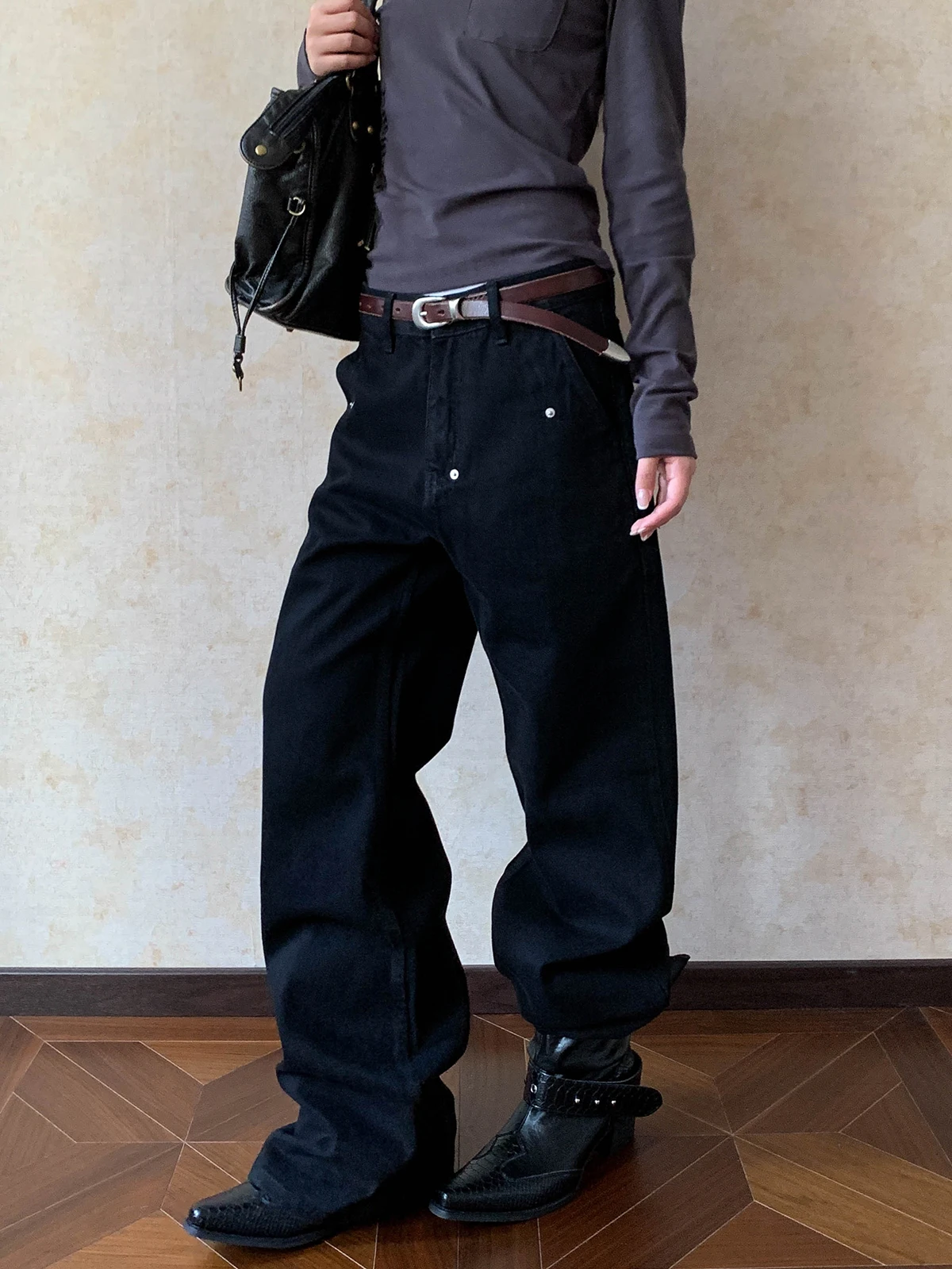 

Aket American Sle Rivet Design Bla Straight Leg Jeans High Waist Slimming Long Pants Casual Cotton No Iron Treaent