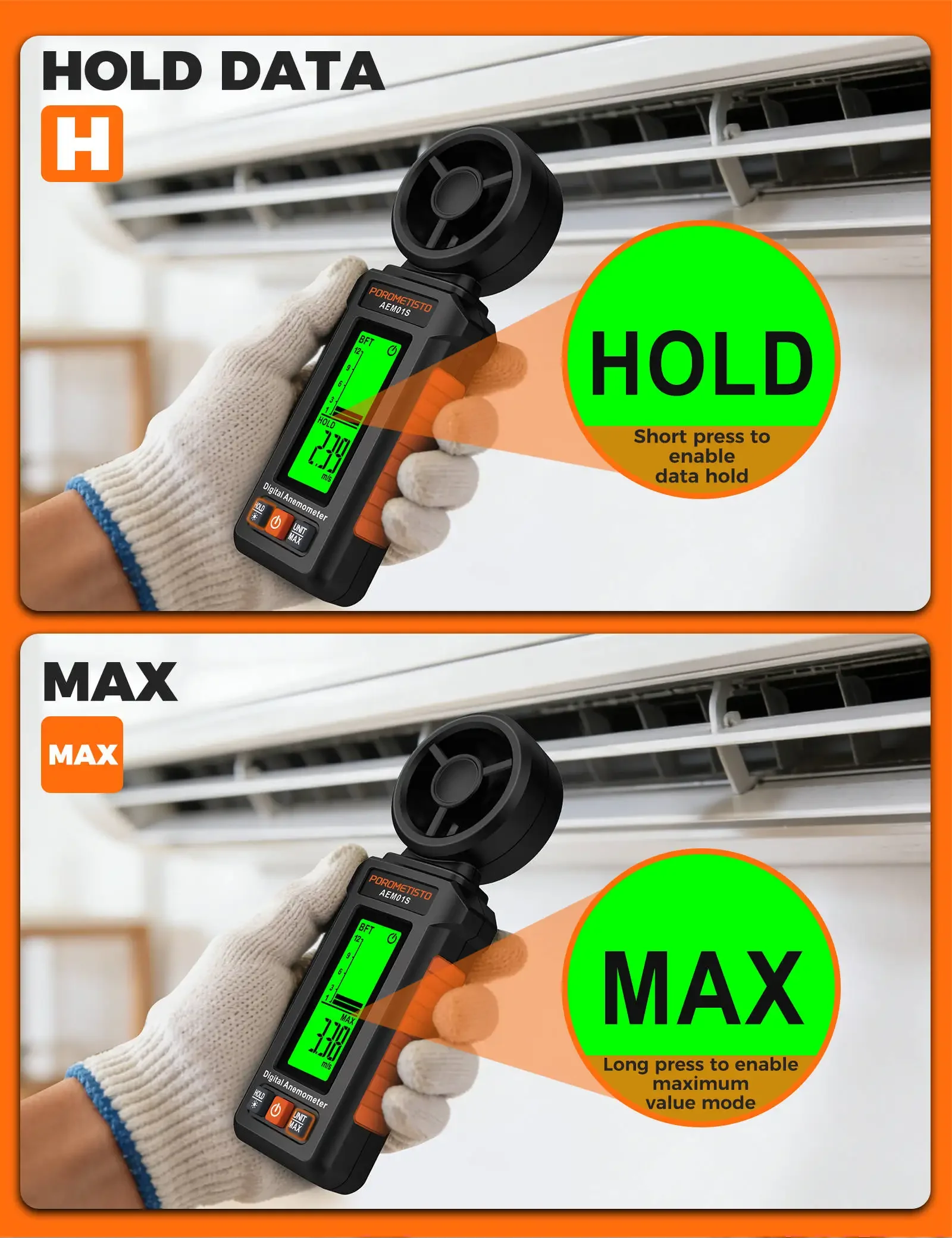 Digitales Anemometer 0,4~30,00 m/s Handgehaltenes Windgeschwindigkeitsmessgerät Luftgeschwindigkeit Luftstromrate mit LCD-Hintergrundbeleuchtung CFM CMM CMS Messwerkzeug – Detail 21