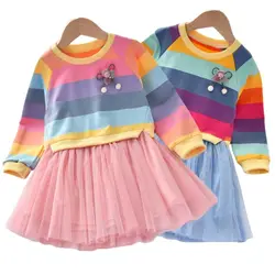 Baby Girls Dress Princess Autumn Sweater Fleece Gauze Tutu Dresses Children Clothing Long Sleeve Rainbow Stripes Dress For Girls