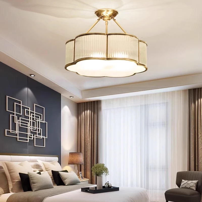Plafoniere in vetro smerigliato nordico tutto in rame Foyer Ristorante Soggiorno Illuminazione Lustre Camera da letto Studio Loft Lampada da soffitto a LED