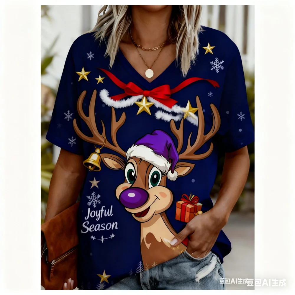 عيد الميلاد المرأة تي شيرت ثلاثية الأبعاد الأيائل نمط طباعة الخامس الرقبة الجرافيك تي شيرت سريعة الجافة عيد الميلاد قمم تي شيرت للمرأة y2k الملابس