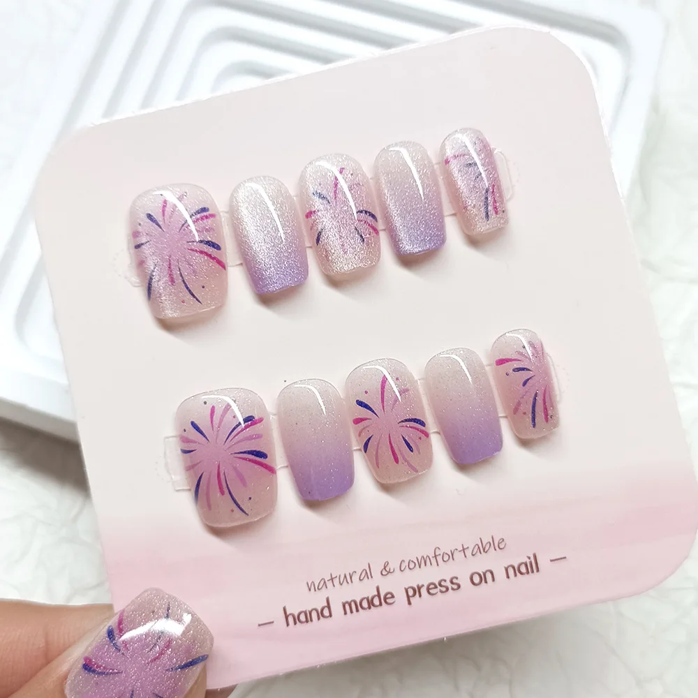 Hot deal: 2026 New Minimalist Firework Cat Eye Nail Art Tips, Light Purple Gradient Nail Stickers, Short Gel Nail Art